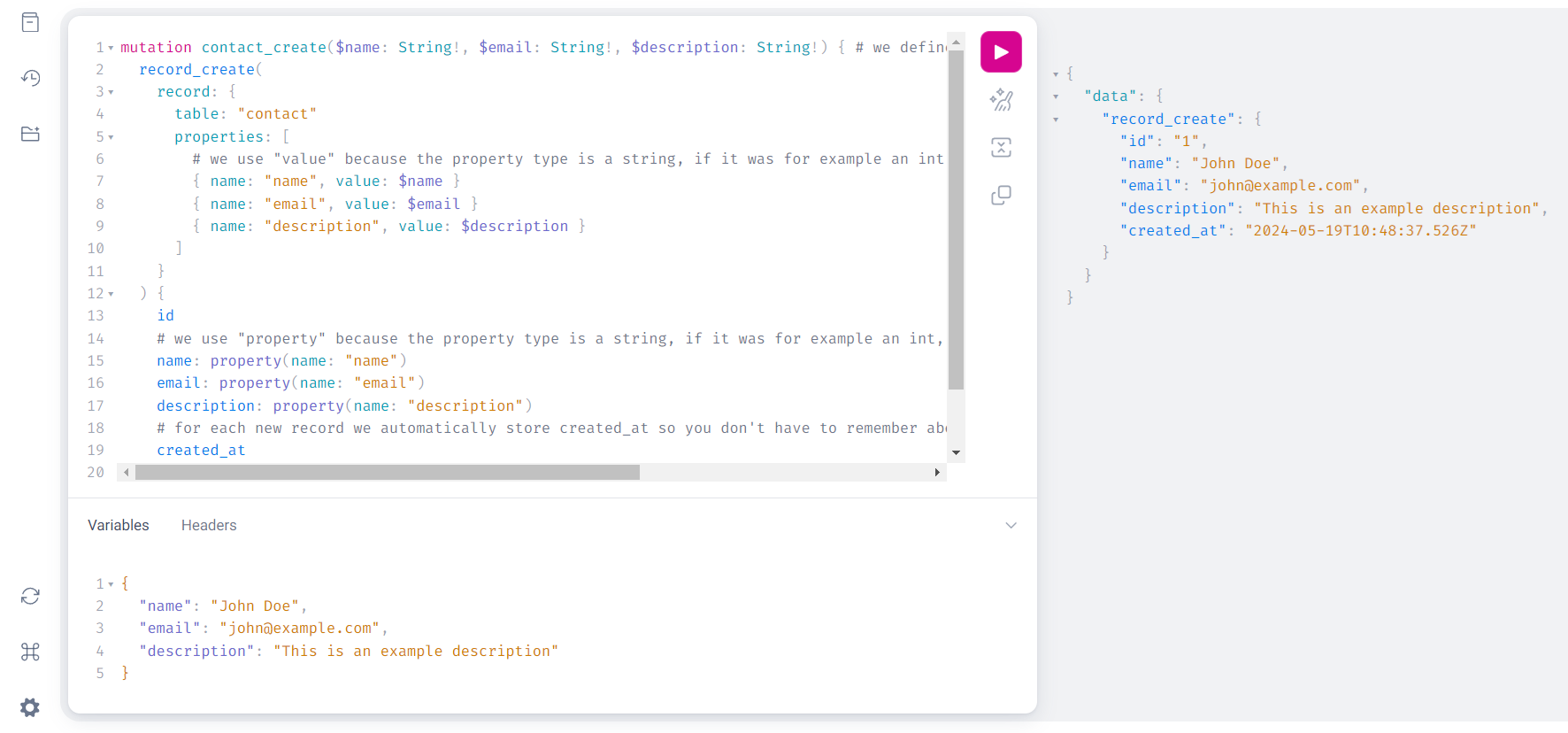 Screenshot of Create Contact GraphQL