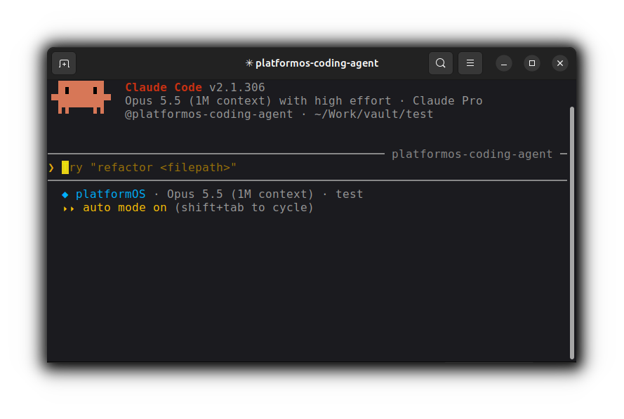 Claude Code starting in a project with the Playbook installed, showing platformos-coding-agent as the active agent