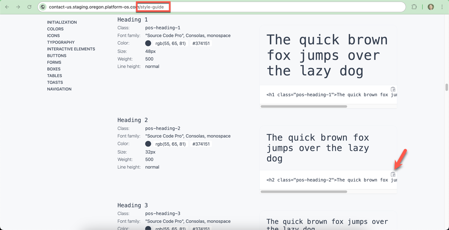 Common Styling style guide showing heading classes