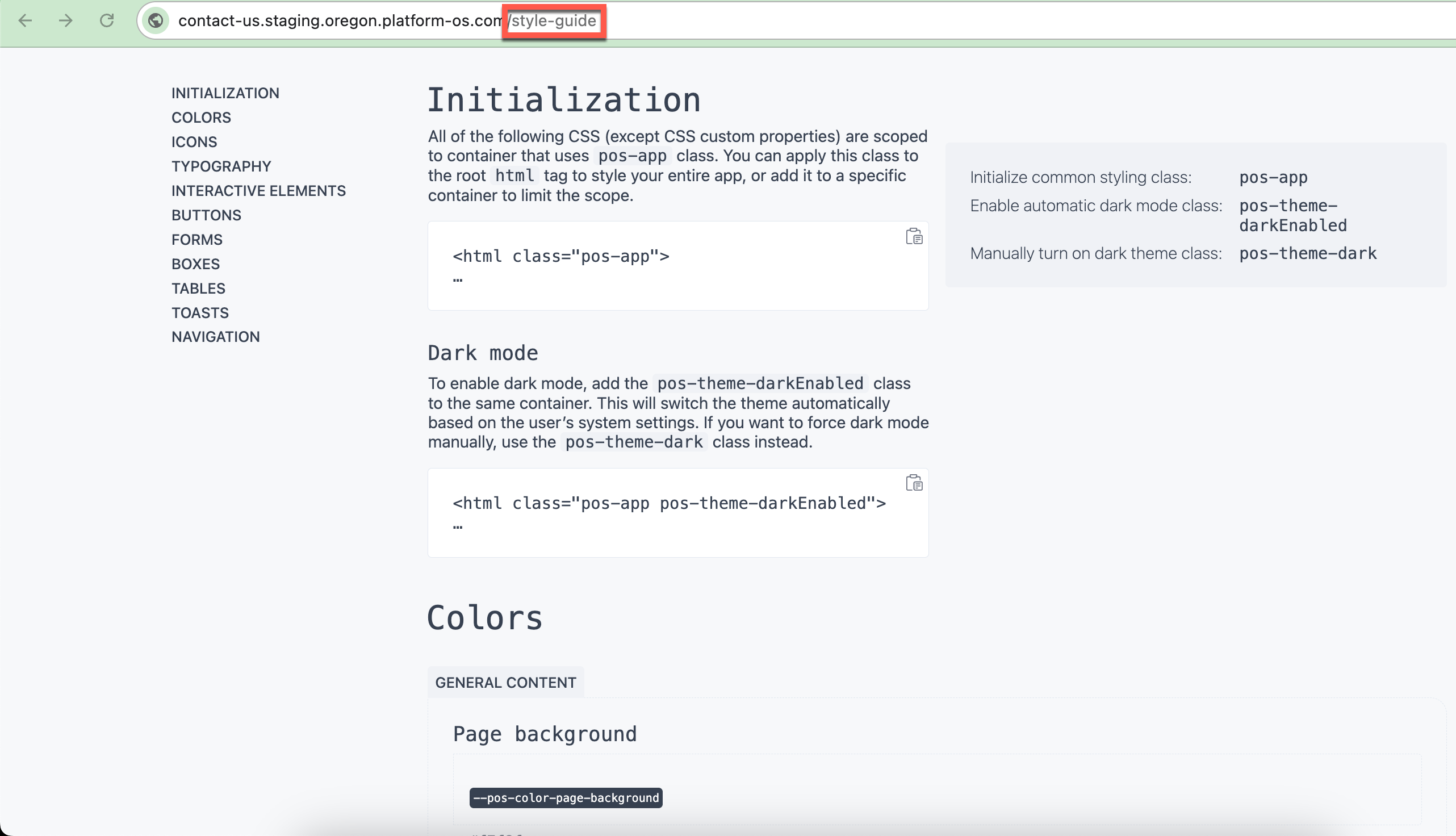 Screenshot of the platformOS style guide page showing available components and code examples