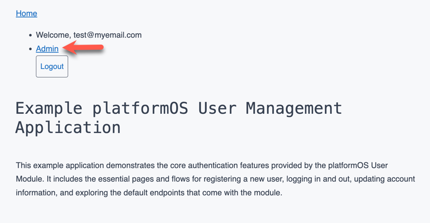Admin link visible in navigation after login