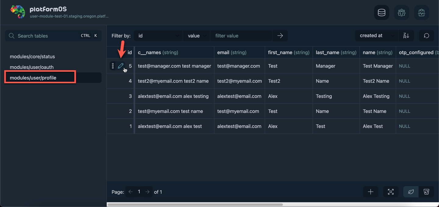 Editing a profile in the Admin GUI